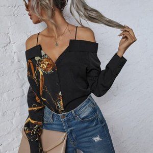 Chic Cold Shoulder Button Down Black Blouse